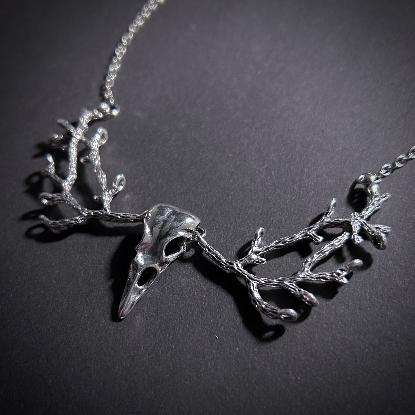 Raven Skull & Branch Silver Necklace