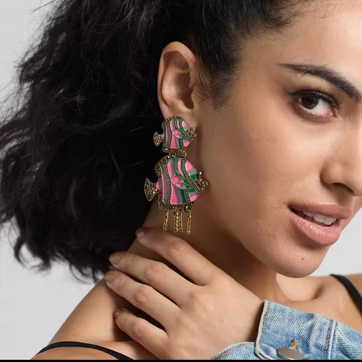 Fish Pink & Green Enamel with Golden Rhinestone Statement Earrings