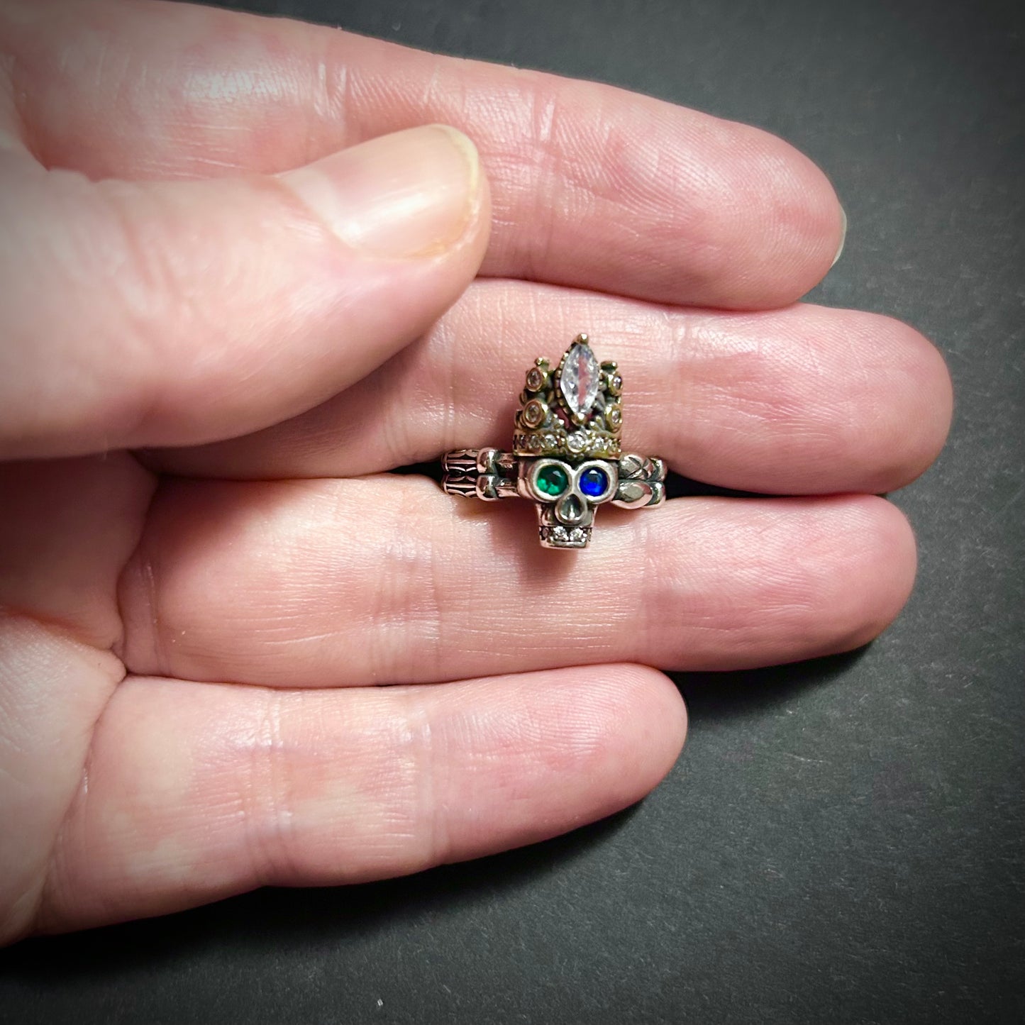 Skull, Crown & Rhinestones Mixed Metal Ring