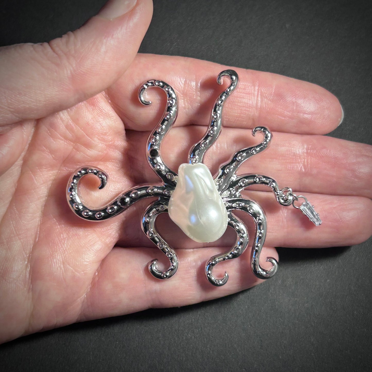 Octopus & Baroque Pearl Silver Brooch