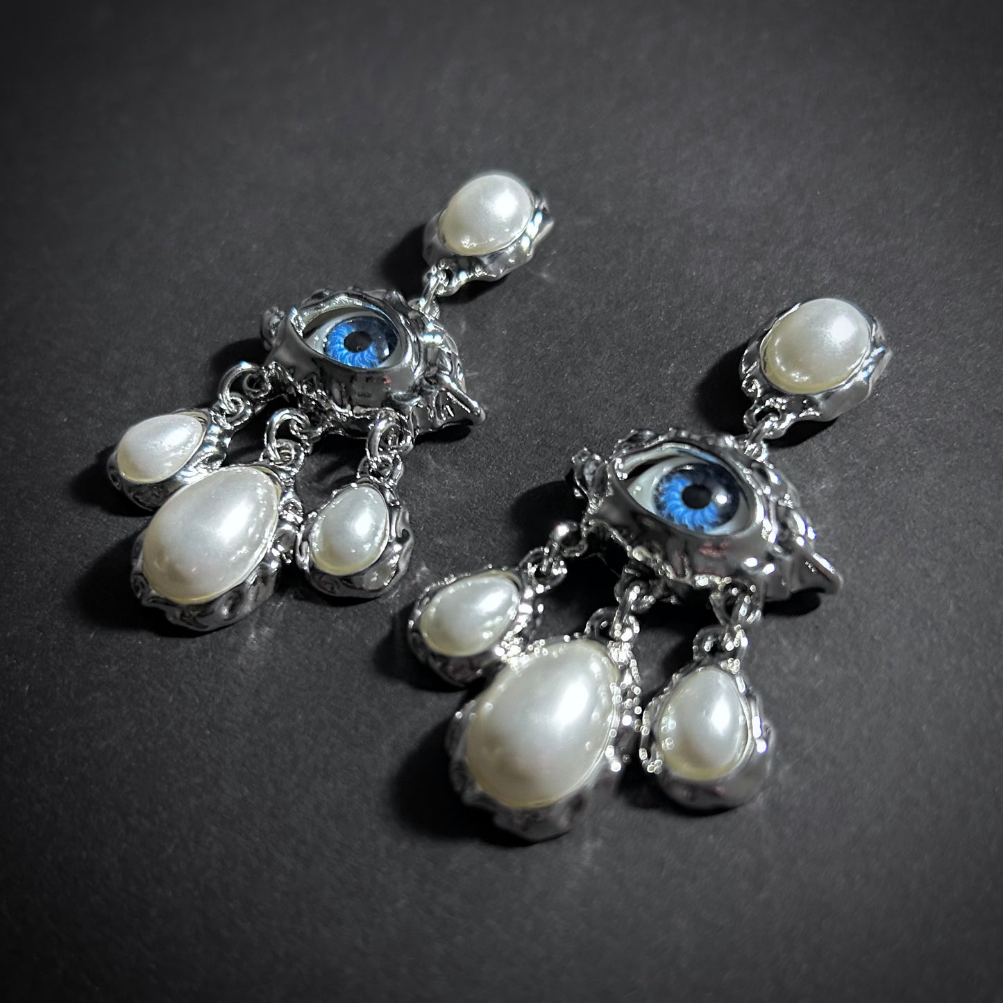 Blue Eyes & White Pearls Chandelier Silver Earrings