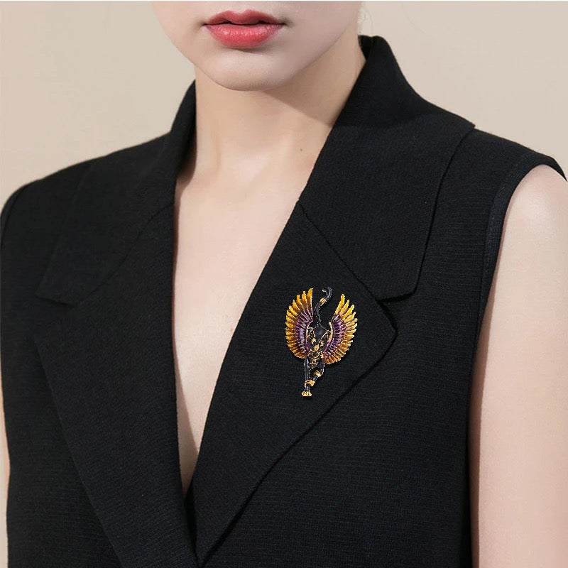 Egyptian Cat Goddess Bastet Pendant & Brooch in Gold and Purple Enamel