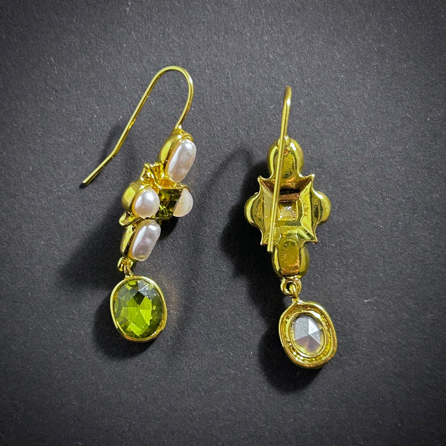Art Nouveau Baroque Pearl Earrings in Apple Green & Gold