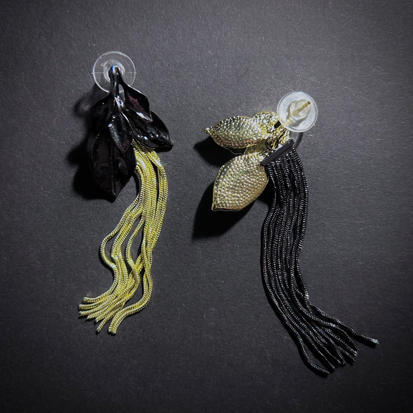Gold & Black Leaves & Tassel Mixed Metal Earrings