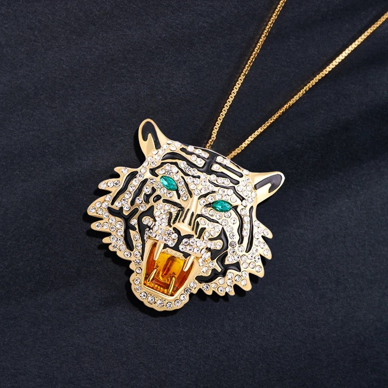 Roaring Tiger Pendant & Brooch in Enamel & Rhinestone