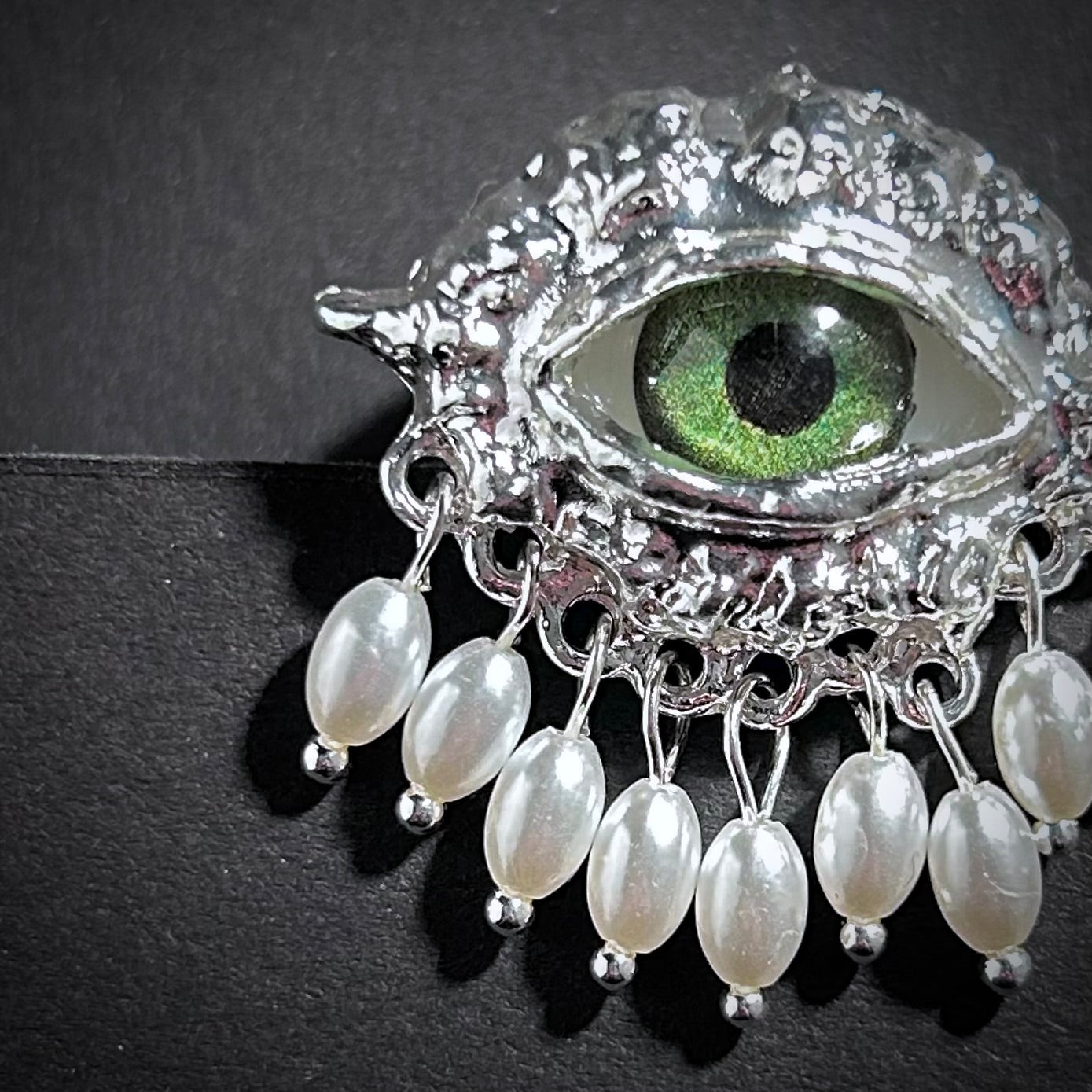 Green Eye & Baroque Pearl Fringe Silver Adjustable Surrealist Ring