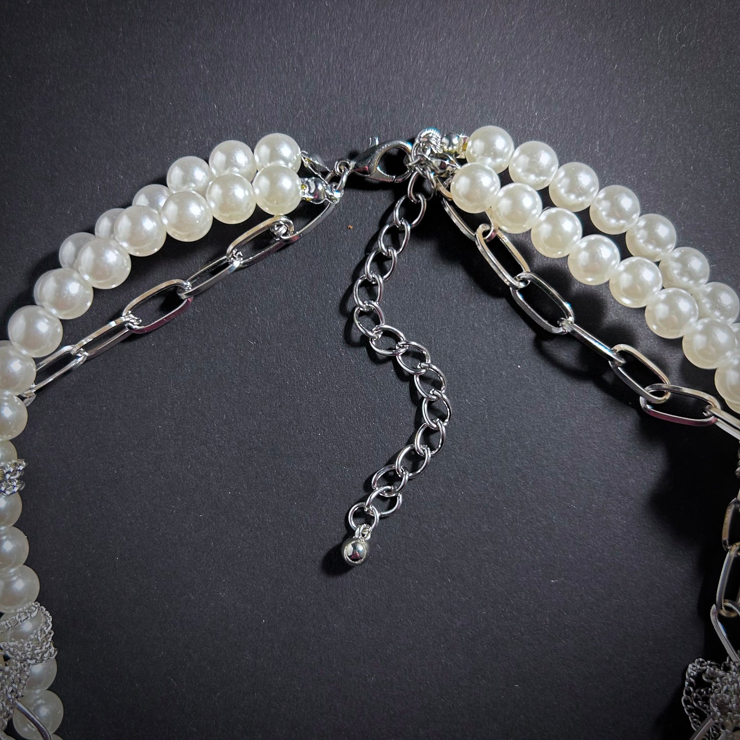 White Pearl & Silver Chain Punk Statement Necklace