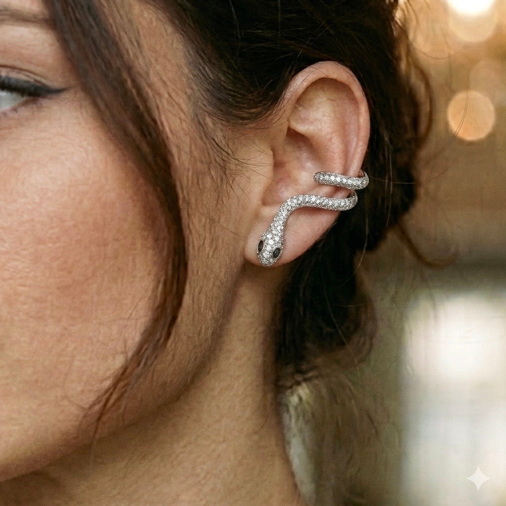 Snake Stud & Cuff Statement Earrings in Silver with Emerald Eyes