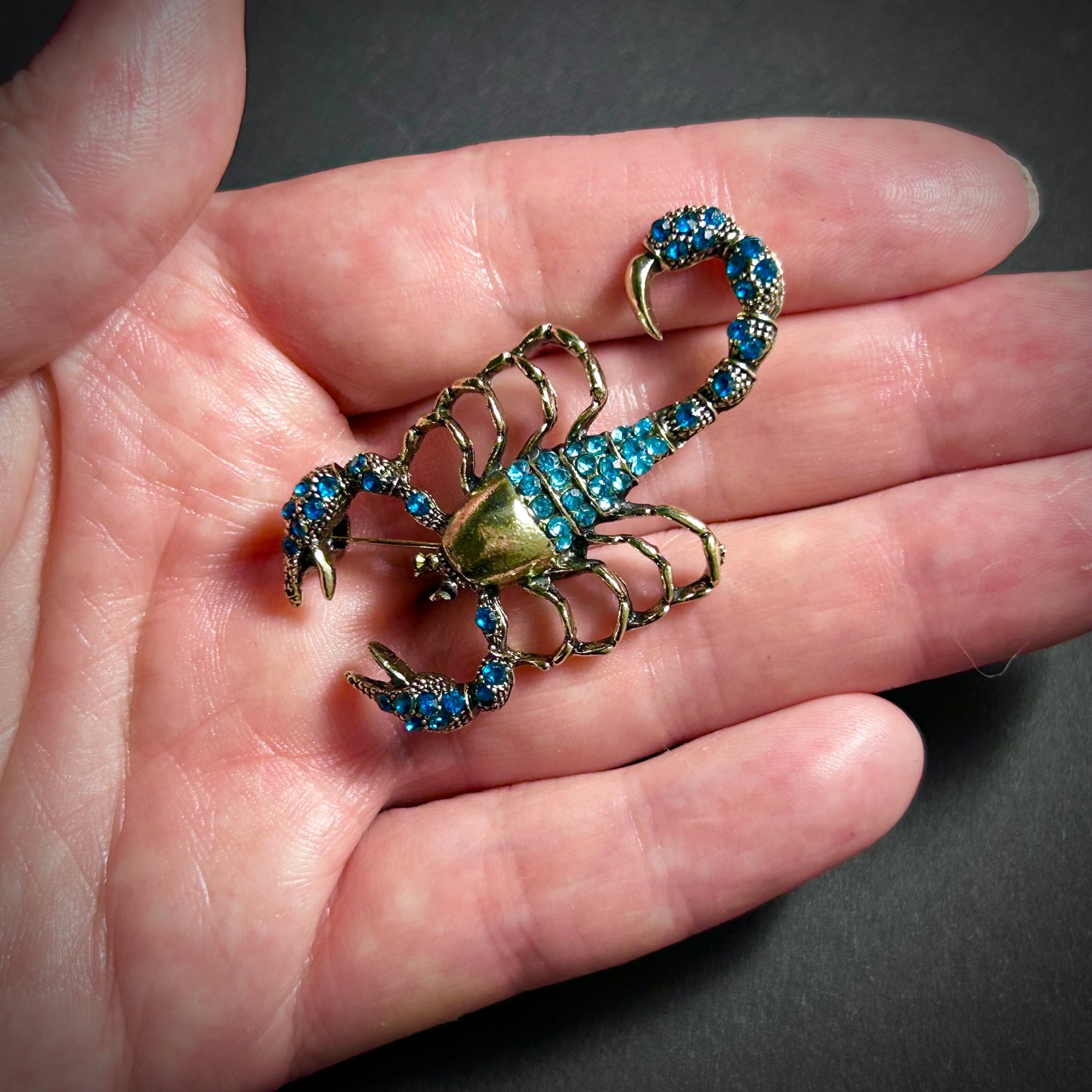 Gold Scorpion Brooch with Turquoise & Clear Rhinestones