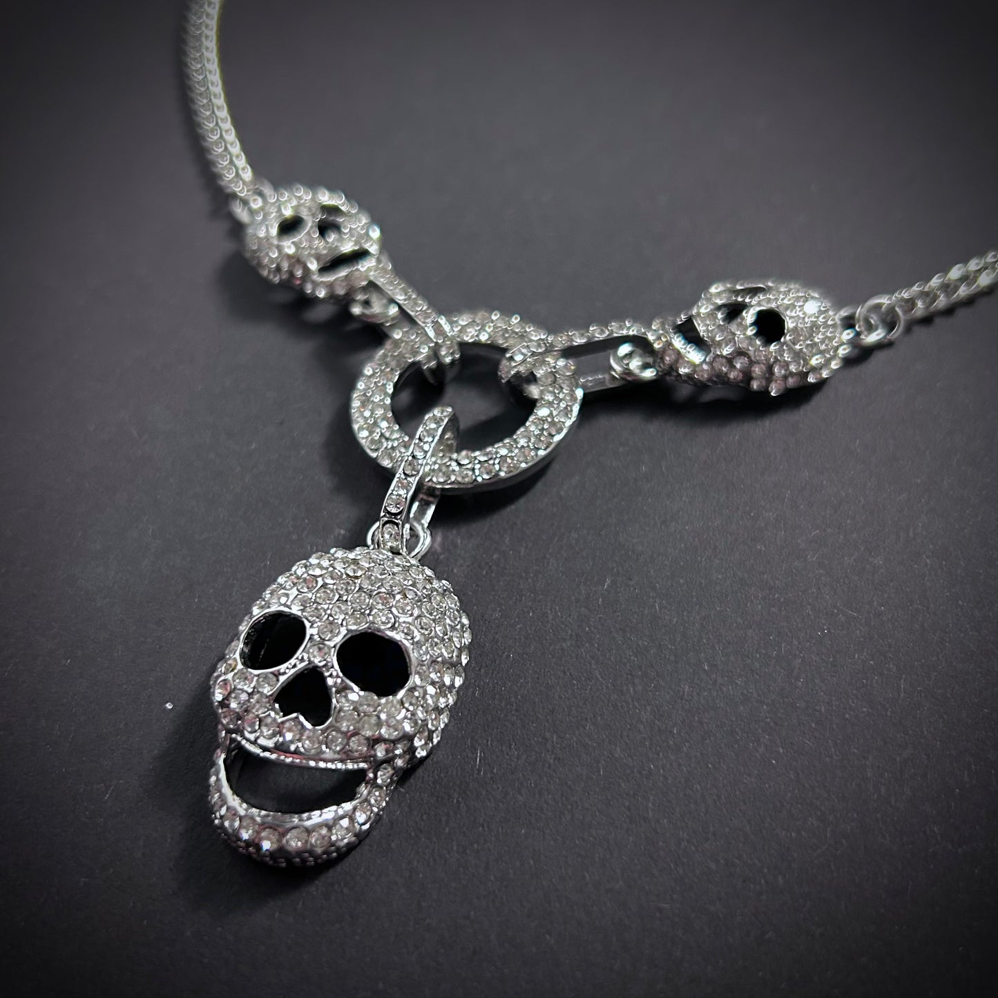 Happy Skull Silver & Rhinestone Statement Necklace
