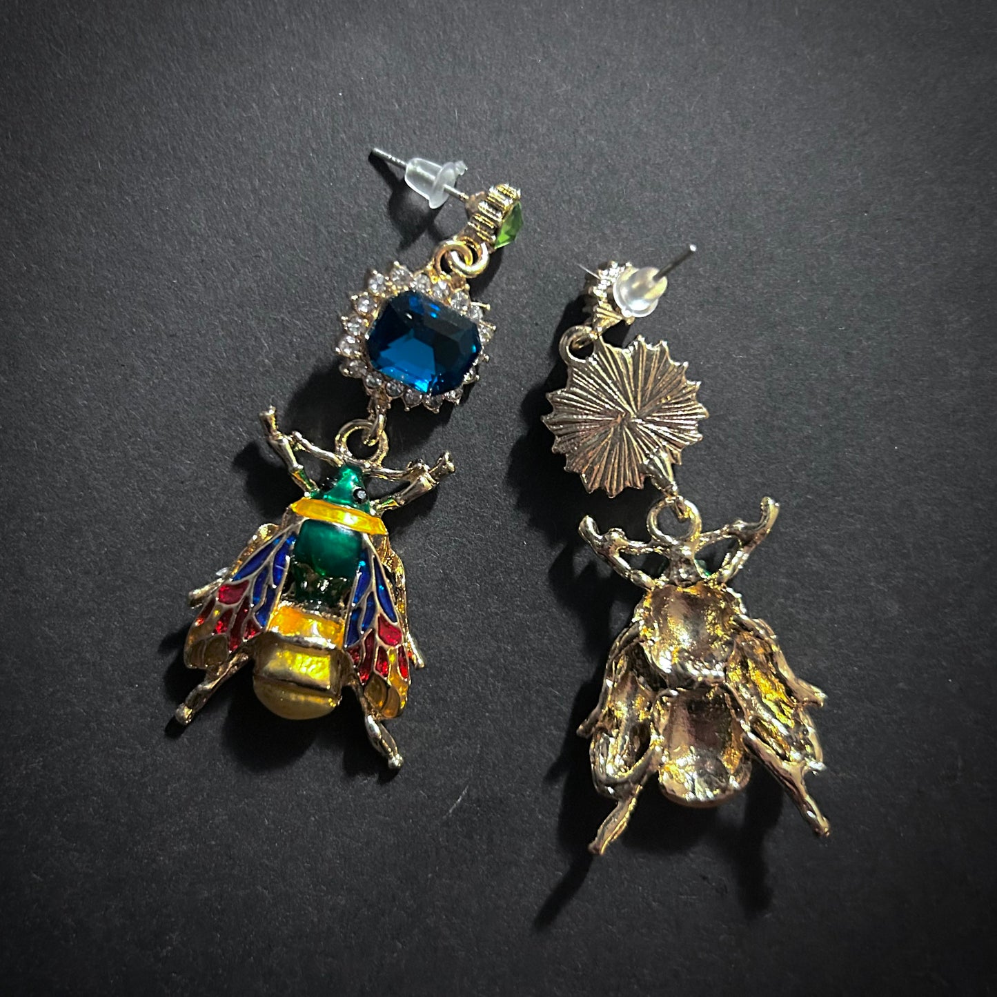 Multicolor Enameled Gold Bee & Petrol Crystal Statement Earrings