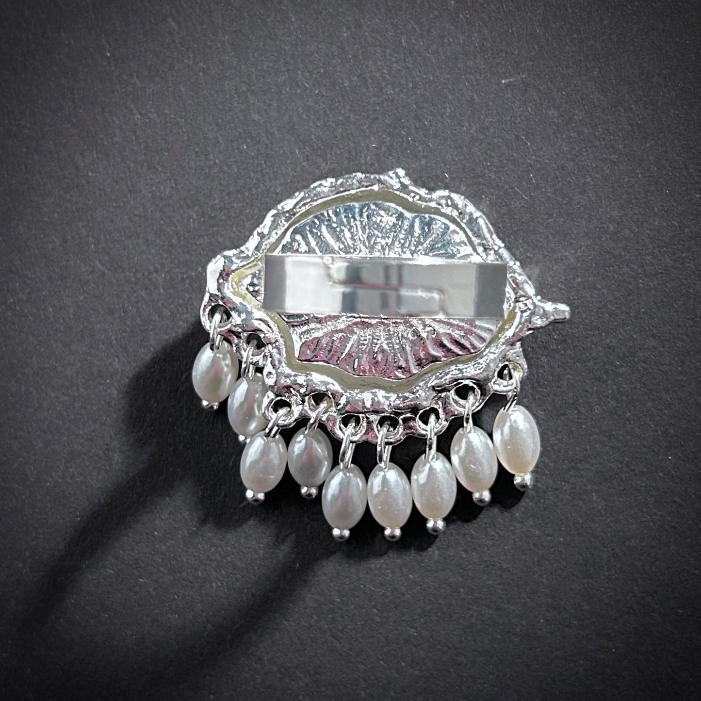 Green Eye & Baroque Pearl Fringe Silver Adjustable Surrealist Ring