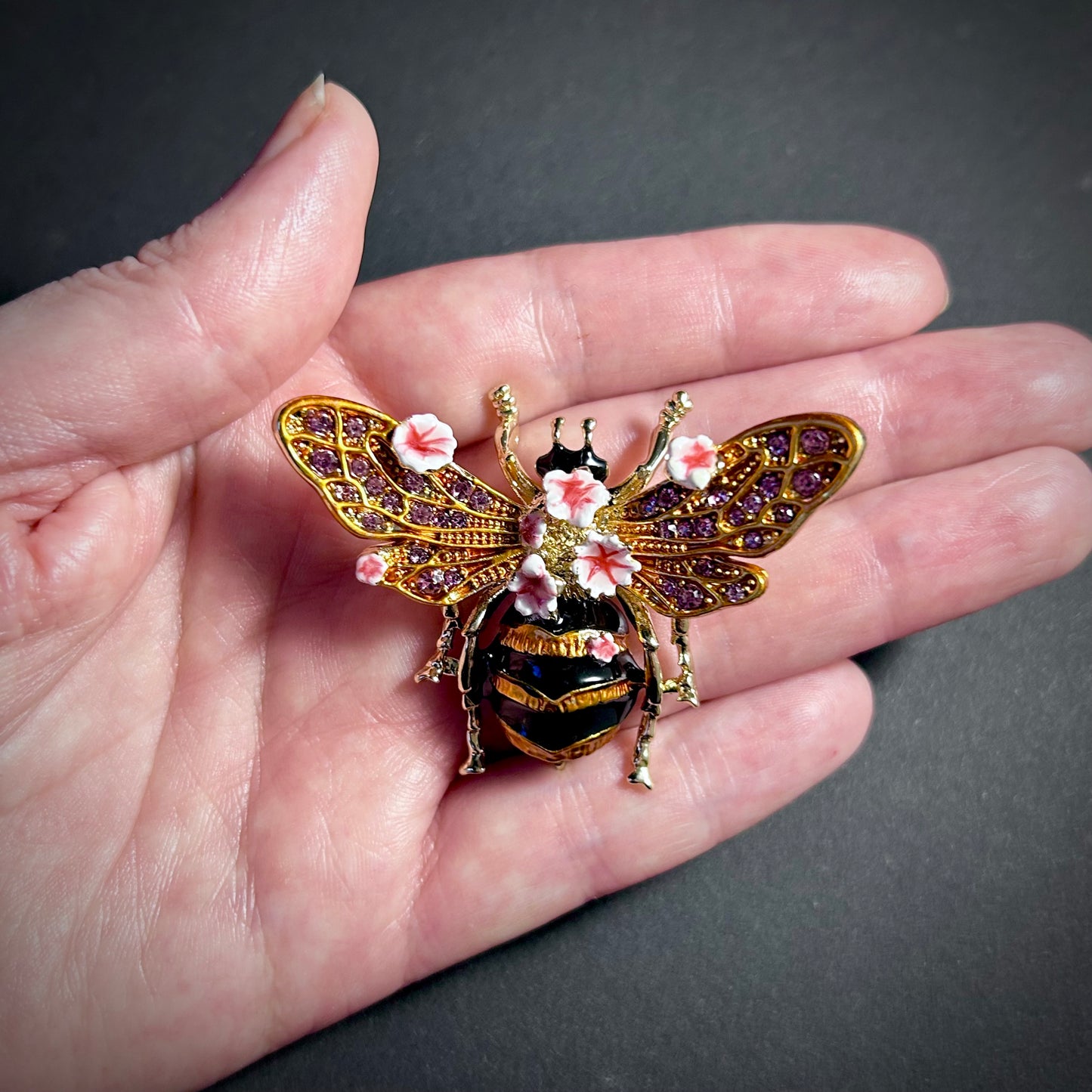 Bee & Flowers Enamel Amethyst Rhinestone Brooch