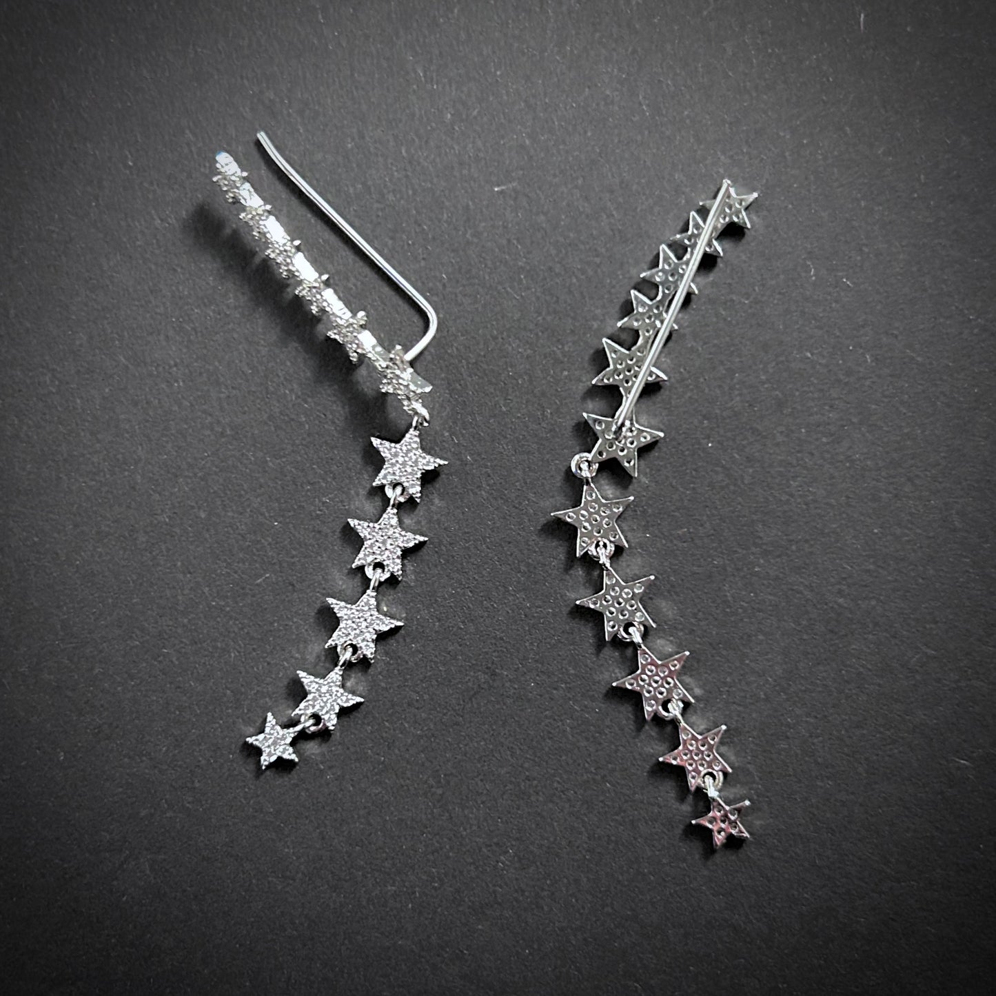 Star Row Rhinstone Micro Paved Silver Ear Climbers