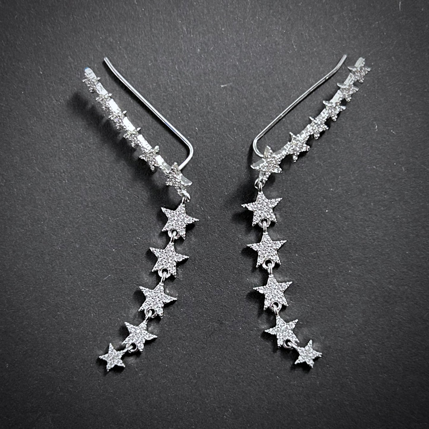 Star Row Rhinstone Micro Paved Silver Ear Climbers
