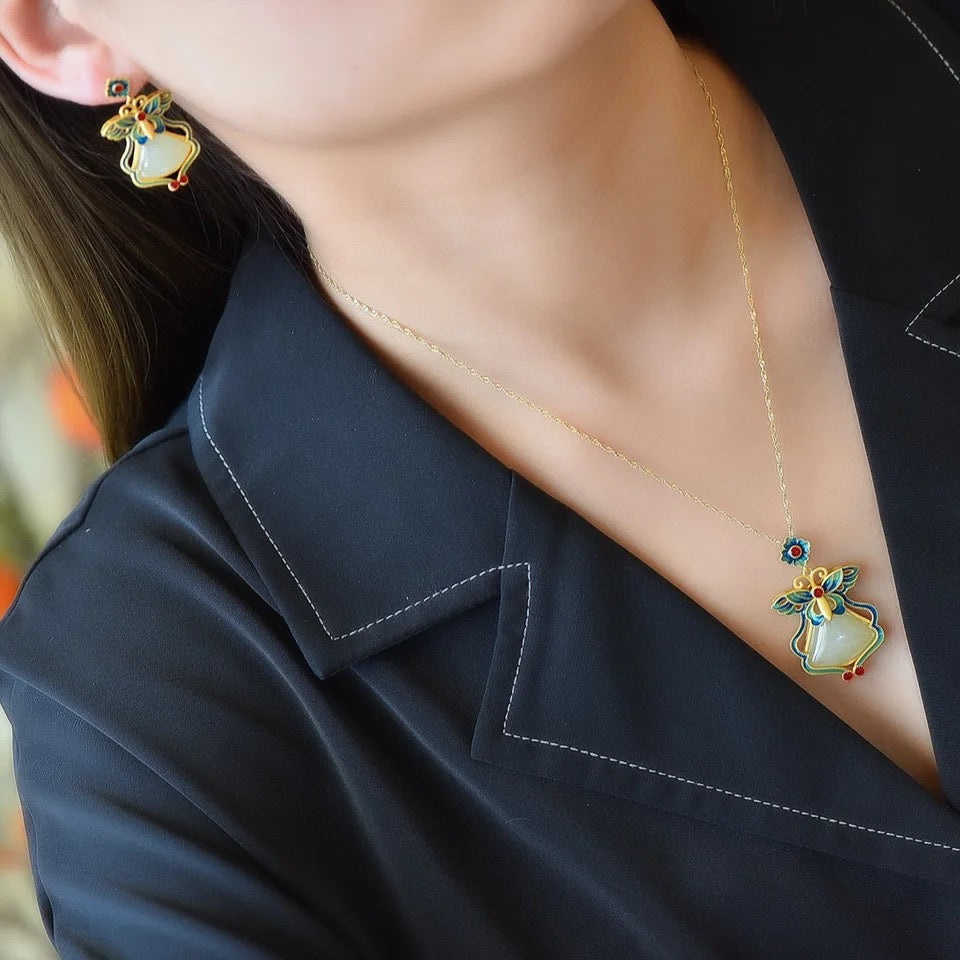 Jade & Cloisonné Enamel Butterfly Earrings