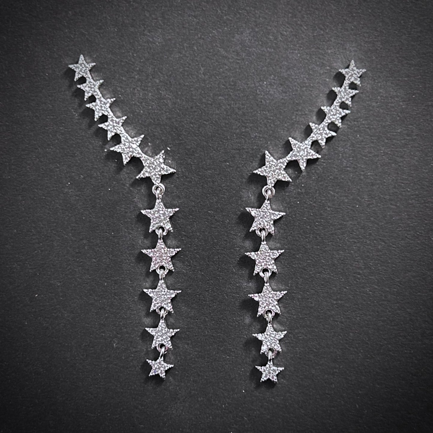 Star Row Rhinstone Micro Paved Silver Ear Climbers