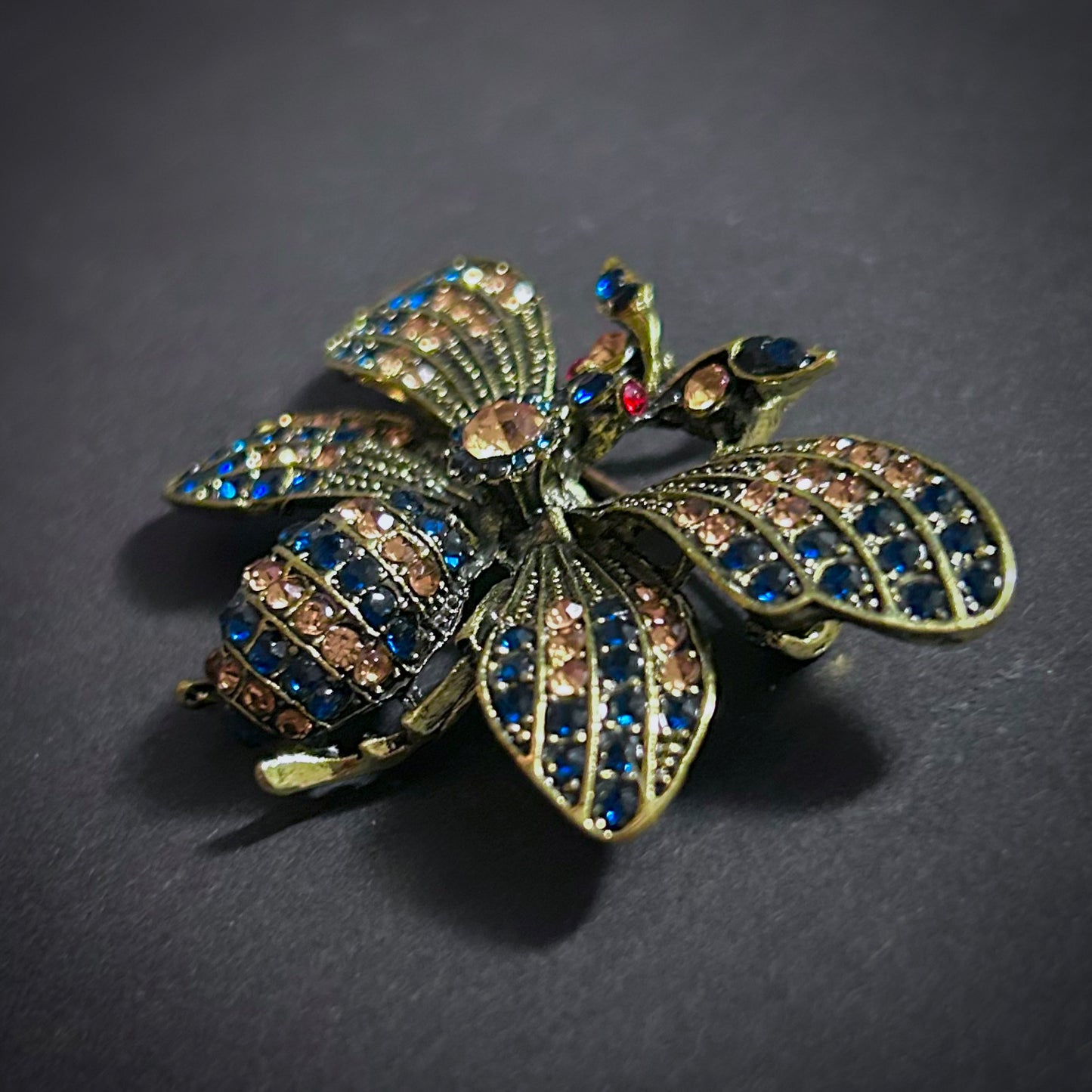 Sapphire & Gold Bee Rhinestone Brooch