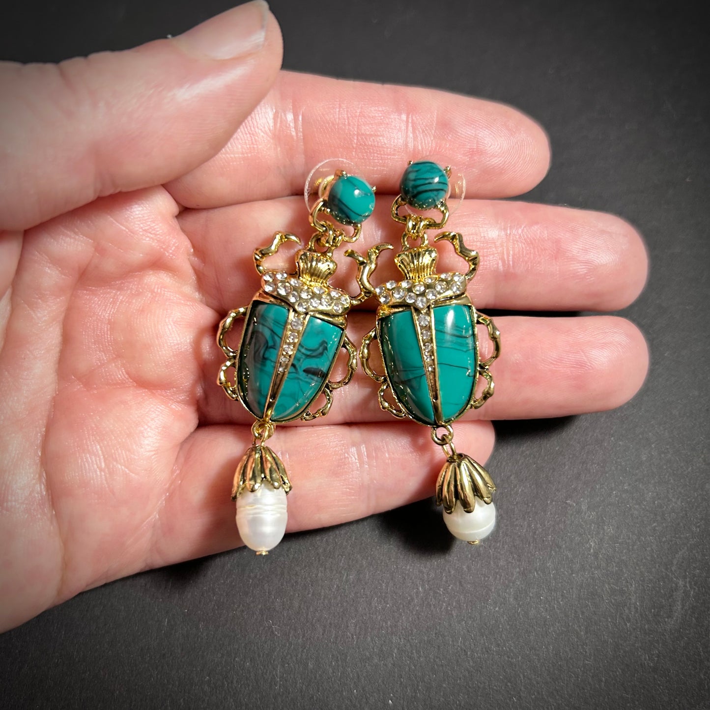 Scarab & Baroque Pearl Jade Green Earrings