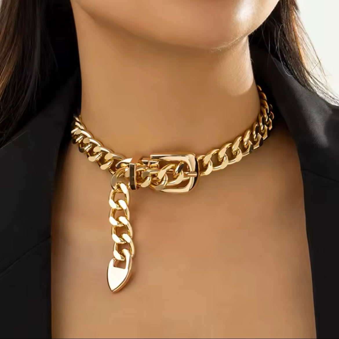 Gold Chunky Chain Belt Buckle Necklace