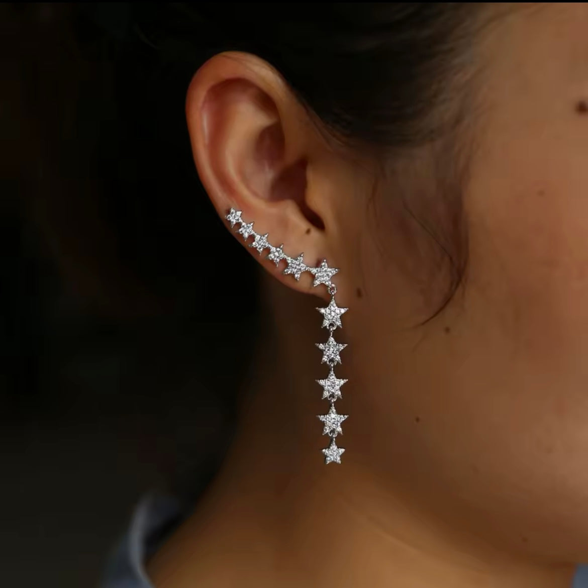 Star Row Rhinstone Micro Paved Silver Ear Climbers