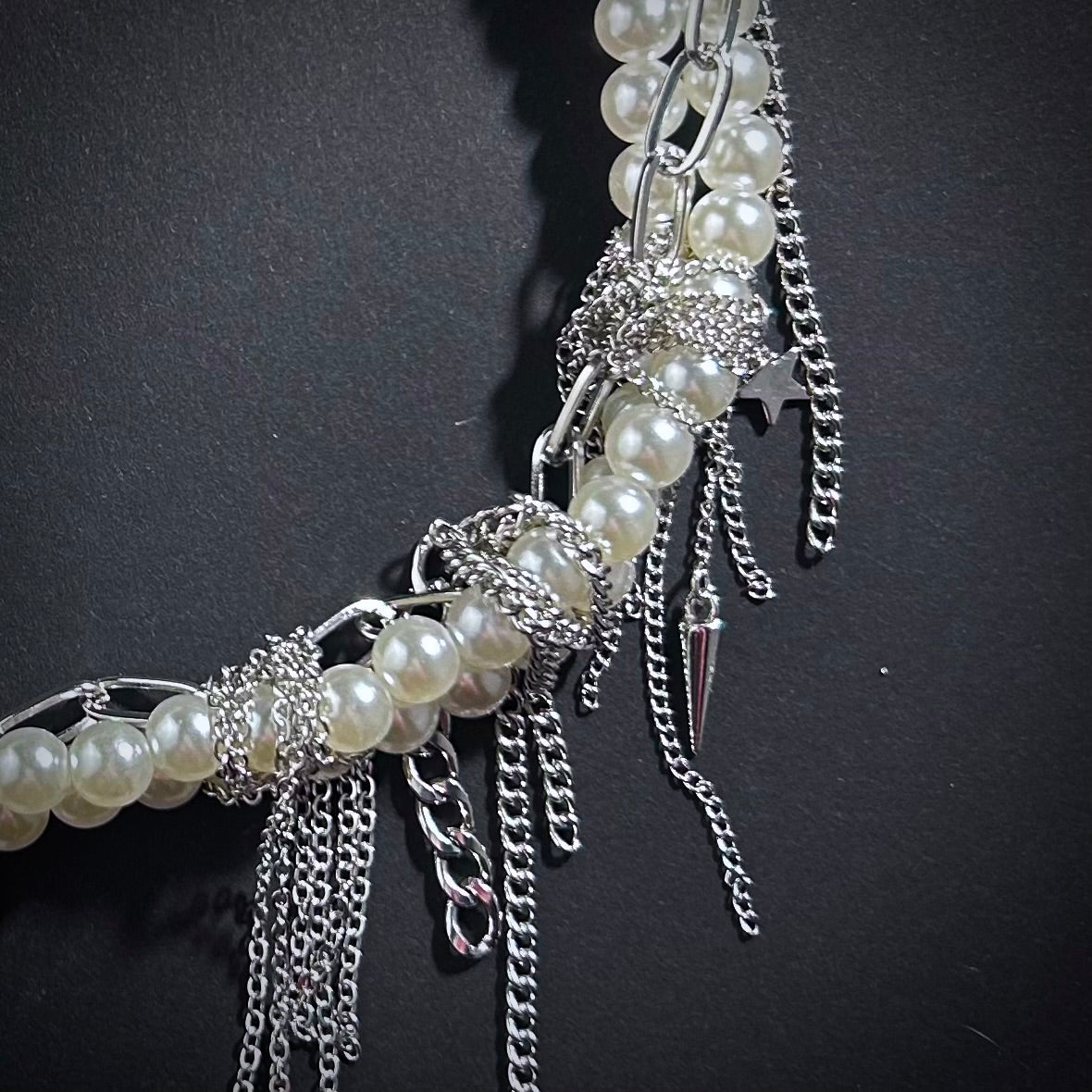 White Pearl & Silver Chain Punk Statement Necklace