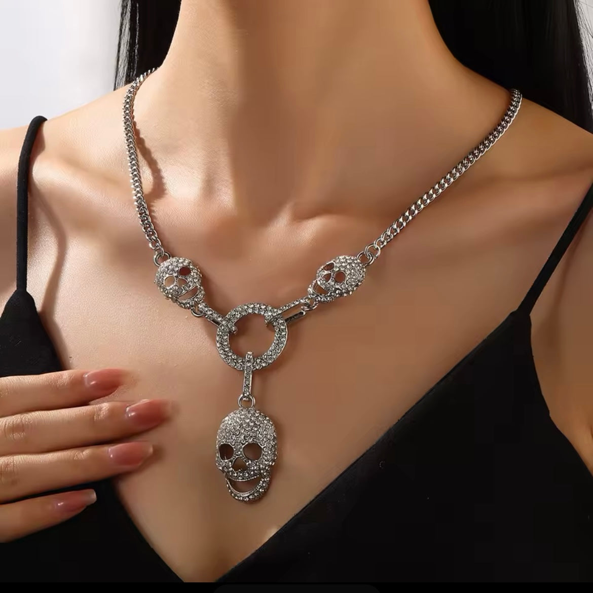 Happy Skull Silver & Rhinestone Statement Necklace