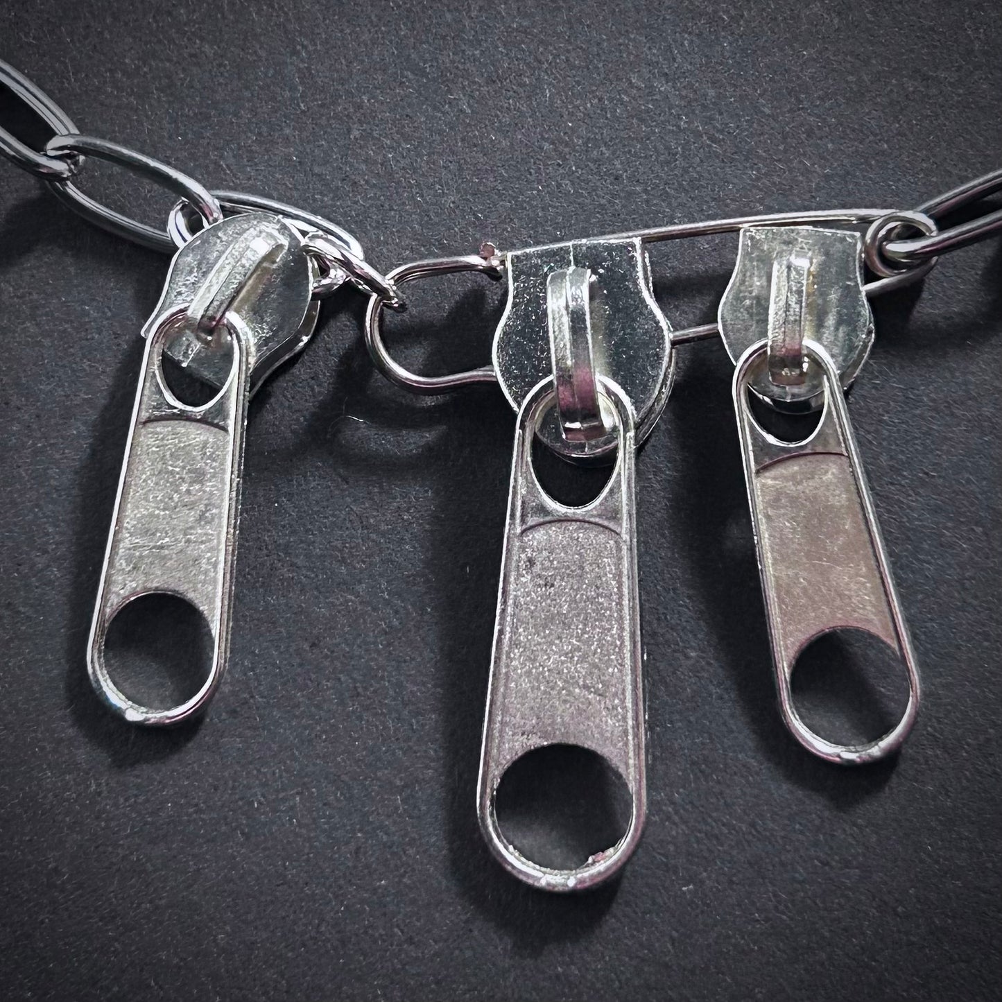 Zipper Tag & Safety Pin Silver Punk Necklace