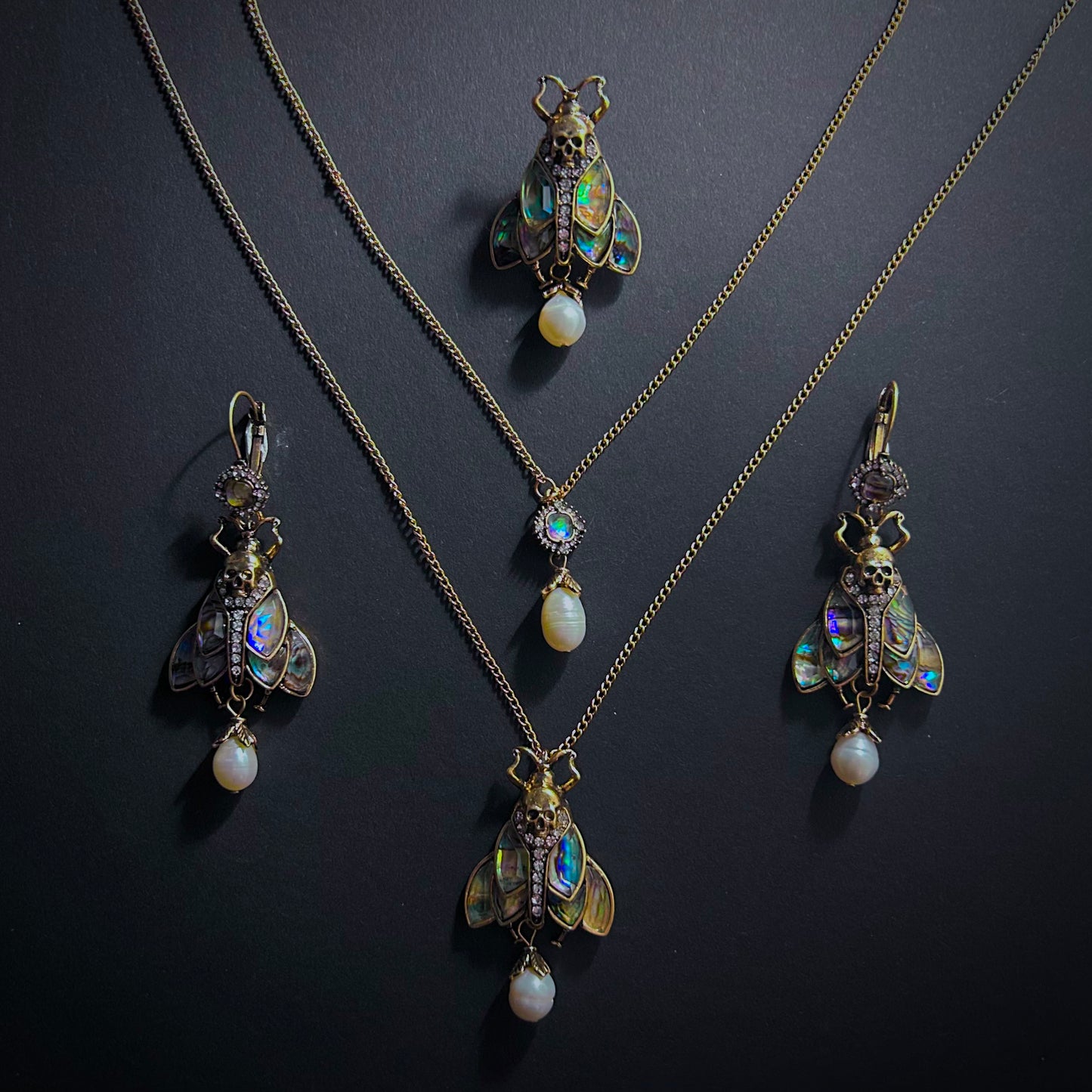 Moth, Skull & Baroque Freshwater Pearl Abalone Statement Earrings