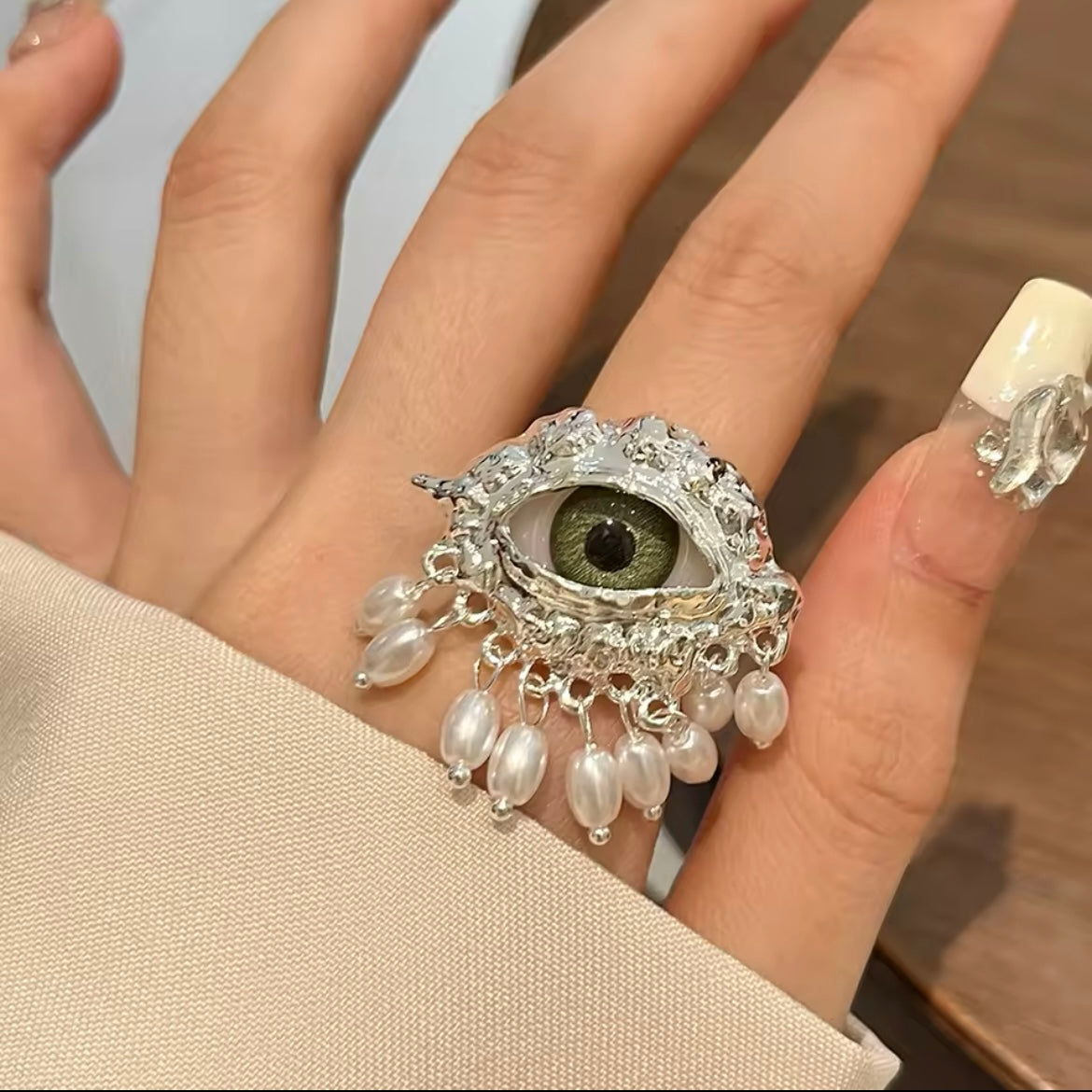 Green Eye & Baroque Pearl Fringe Silver Adjustable Surrealist Ring