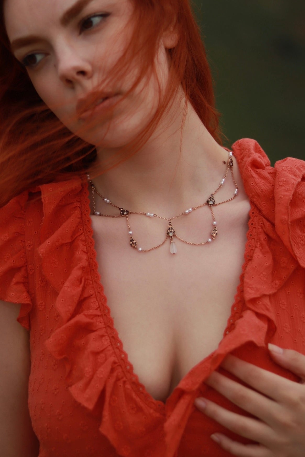 Art Nouveau Back Drop Bridal Necklace in Pearl & Antique Gold