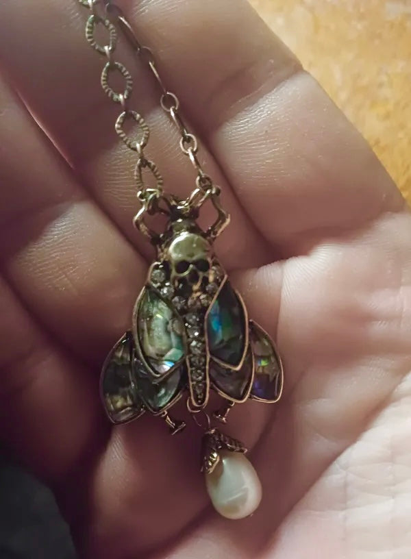 Moth, Skull & Baroque Freshwater Pearl Abalone Brooch Pin