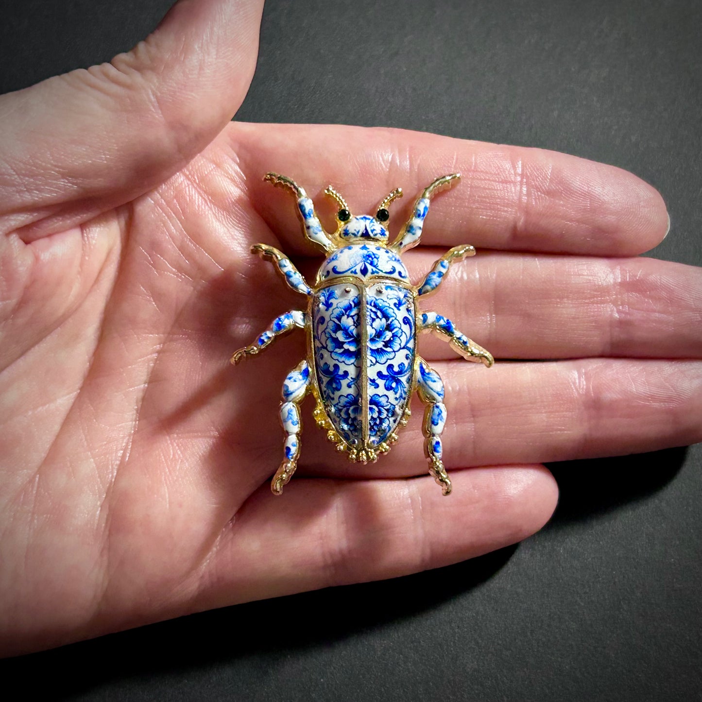 White & Blue Porcelain Enamel Gold Beetle Brooch