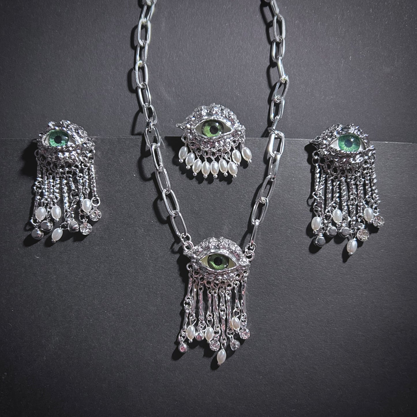 Green Eyes & Baroque Pearl Silver Fringe Surrealist Earrings