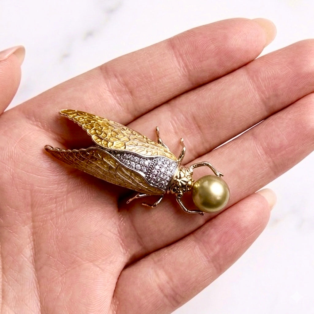 Cicada Enamel & Golden Pearl Mixed Metal Brooch