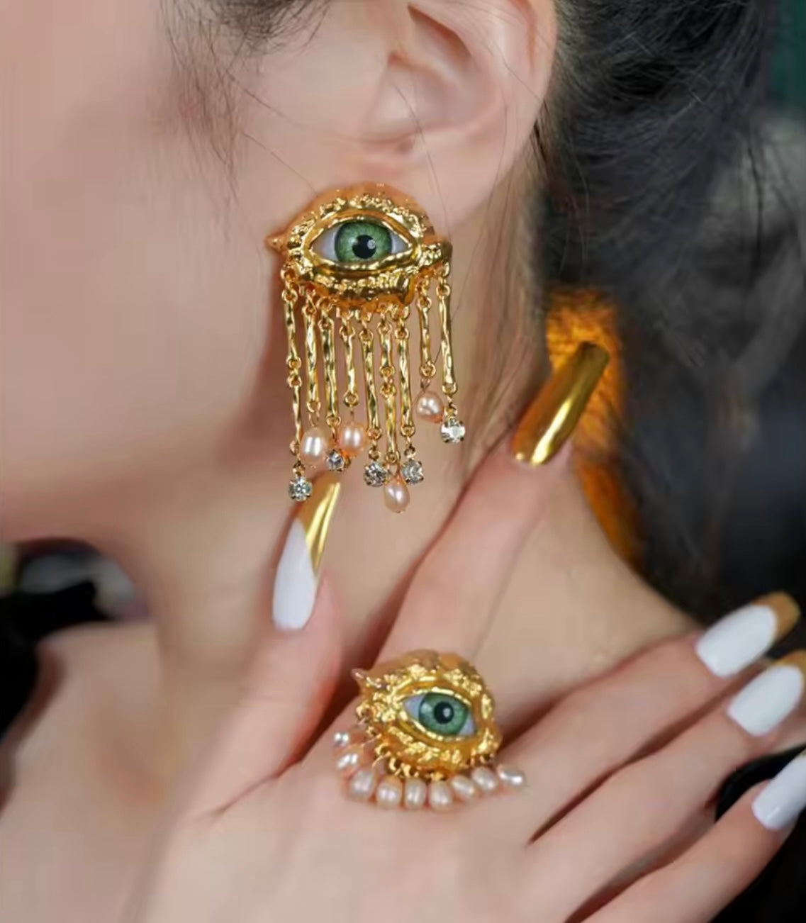 Green Eyes & Baroque Pearl Gold Fringe Surrealist Earrings