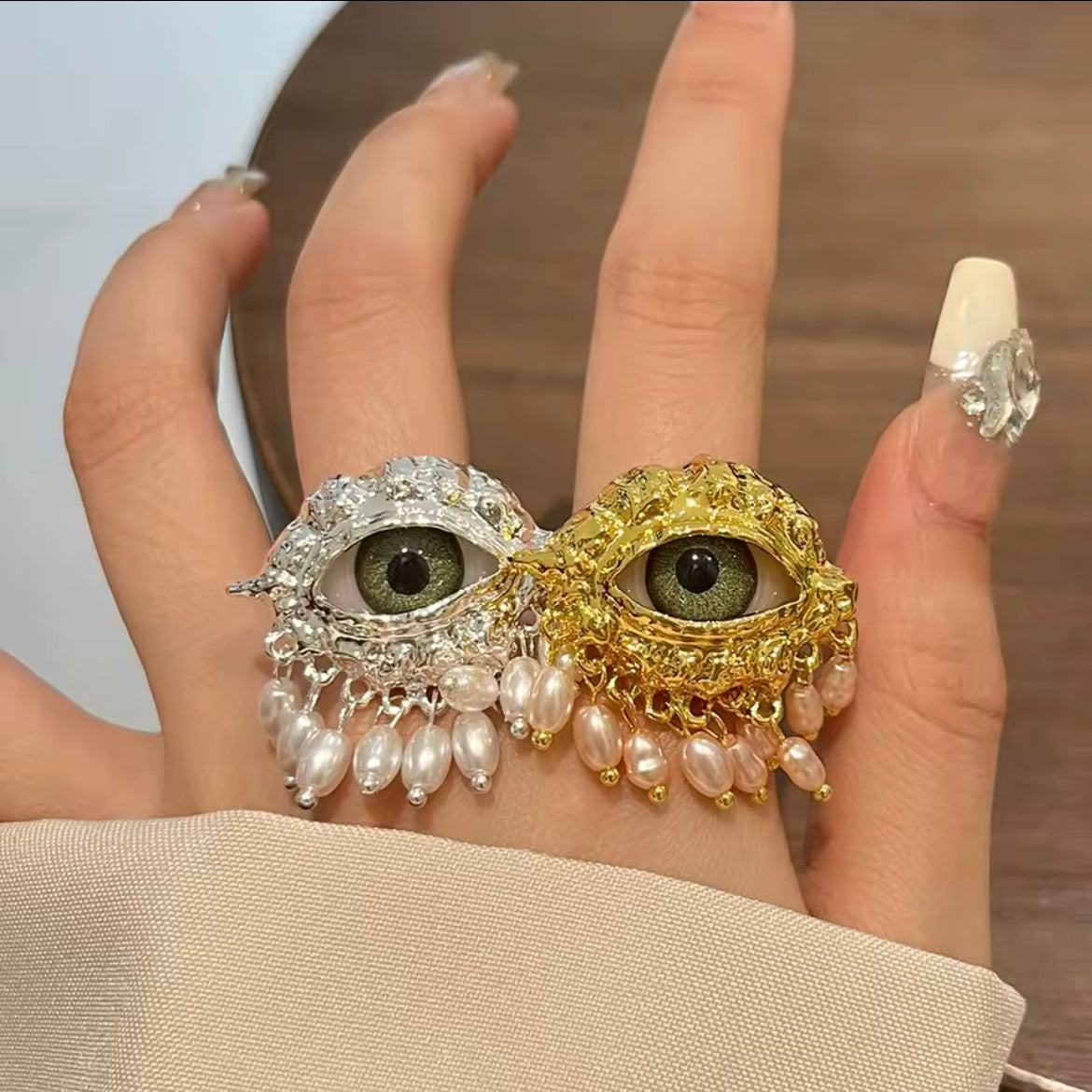 Green Eye & Baroque Pearl Fringe Silver Adjustable Surrealist Ring