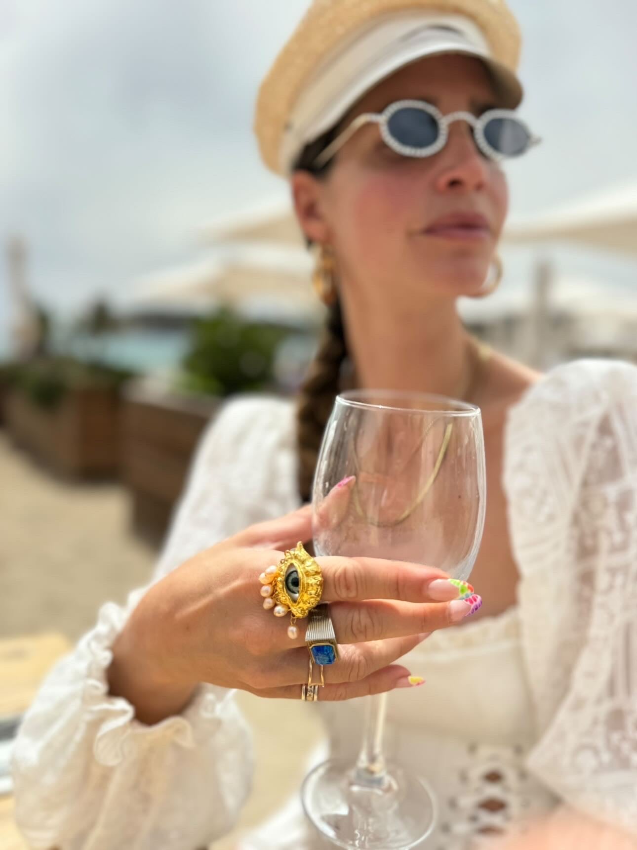 Green Eye & Baroque Pearl Fringe Gold Adjustable Surrealist Ring
