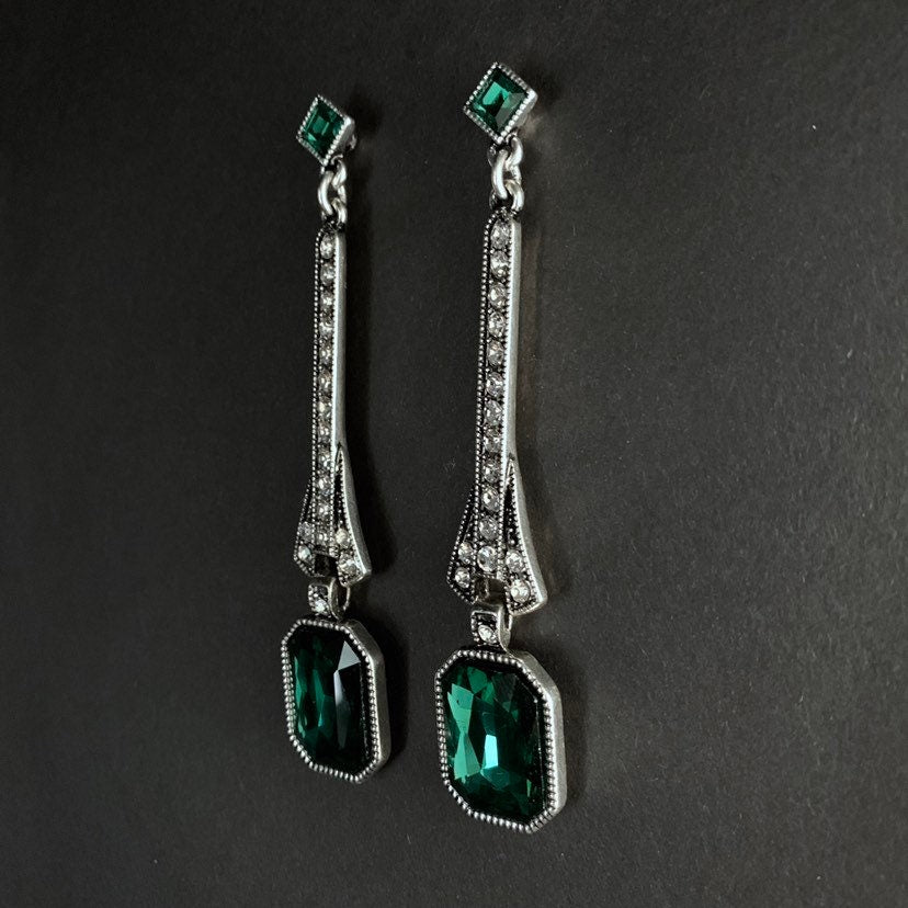 Art Deco Silver Emerald Rectangle Large Drop Earrings