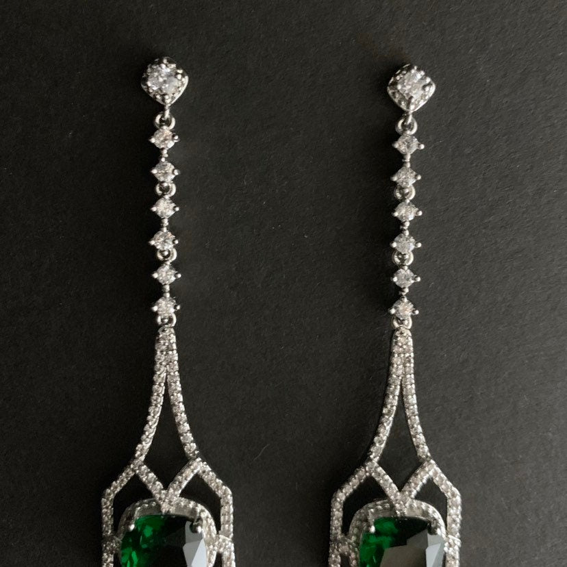 Art Deco Square Emerald Silver Drop Earrings