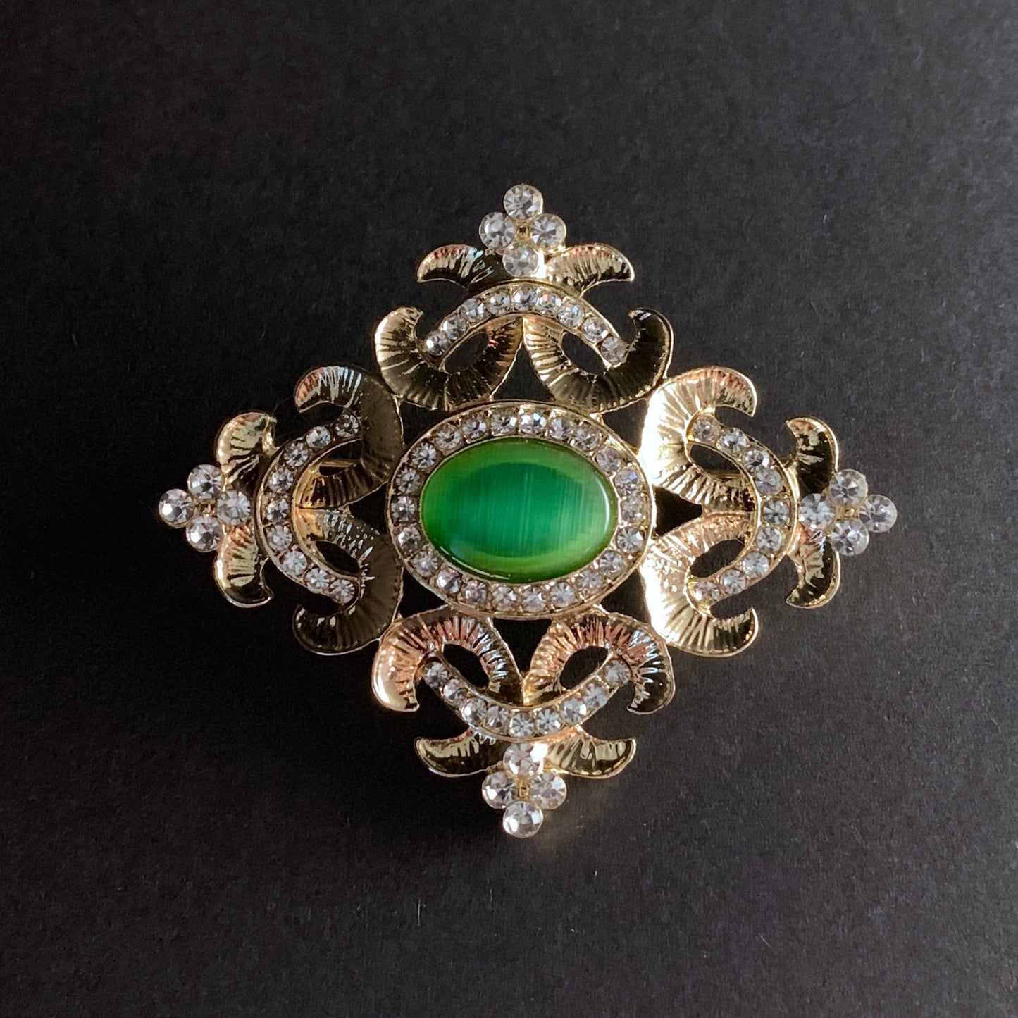 Gold & Green Rhinestone Ornate Brooch