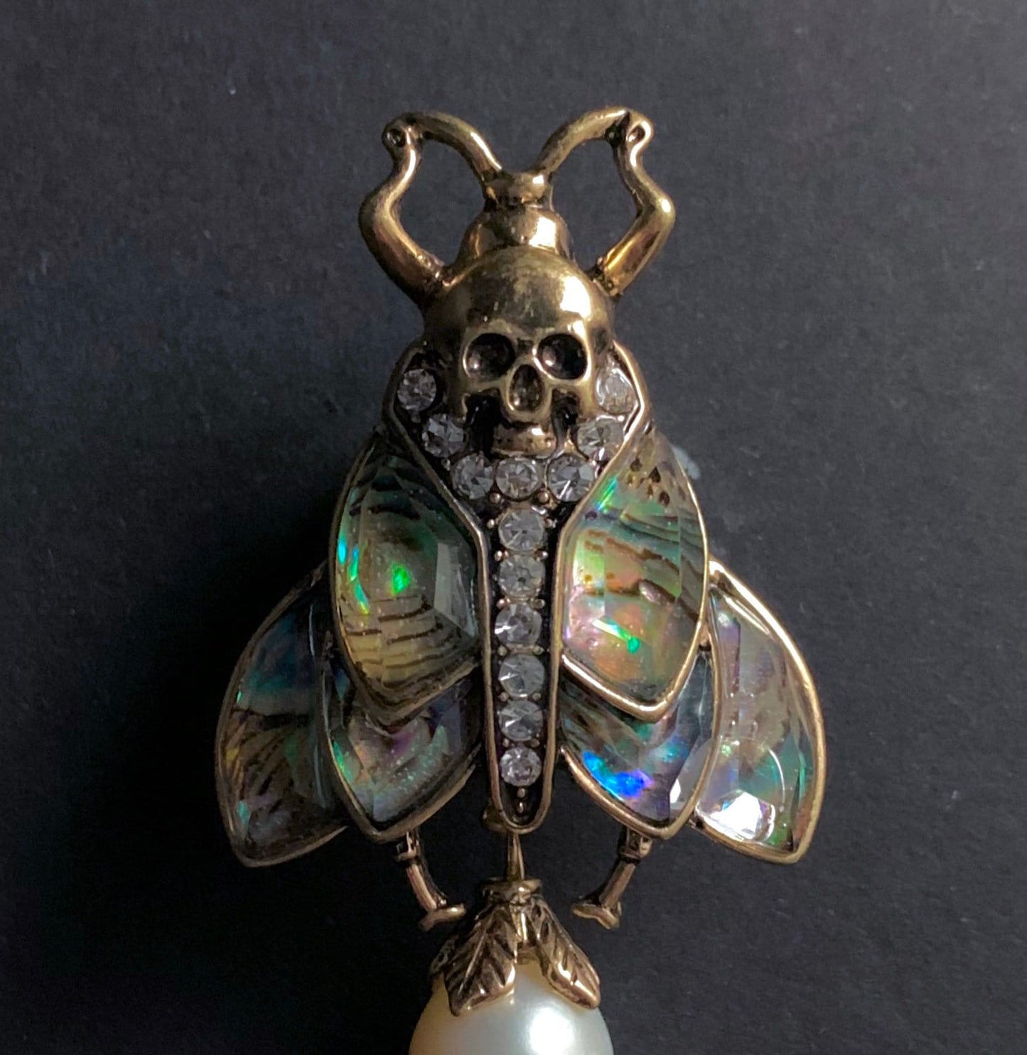 Moth, Skull & Baroque Freshwater Pearl Abalone Brooch Pin