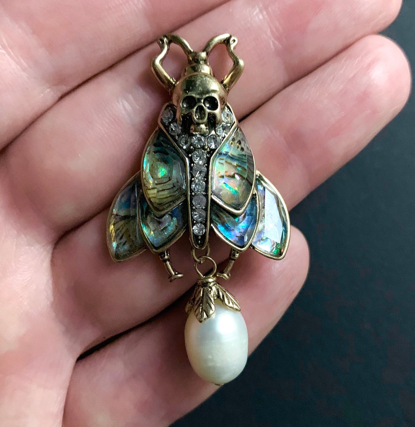 Moth, Skull & Baroque Freshwater Pearl Abalone Brooch Pin