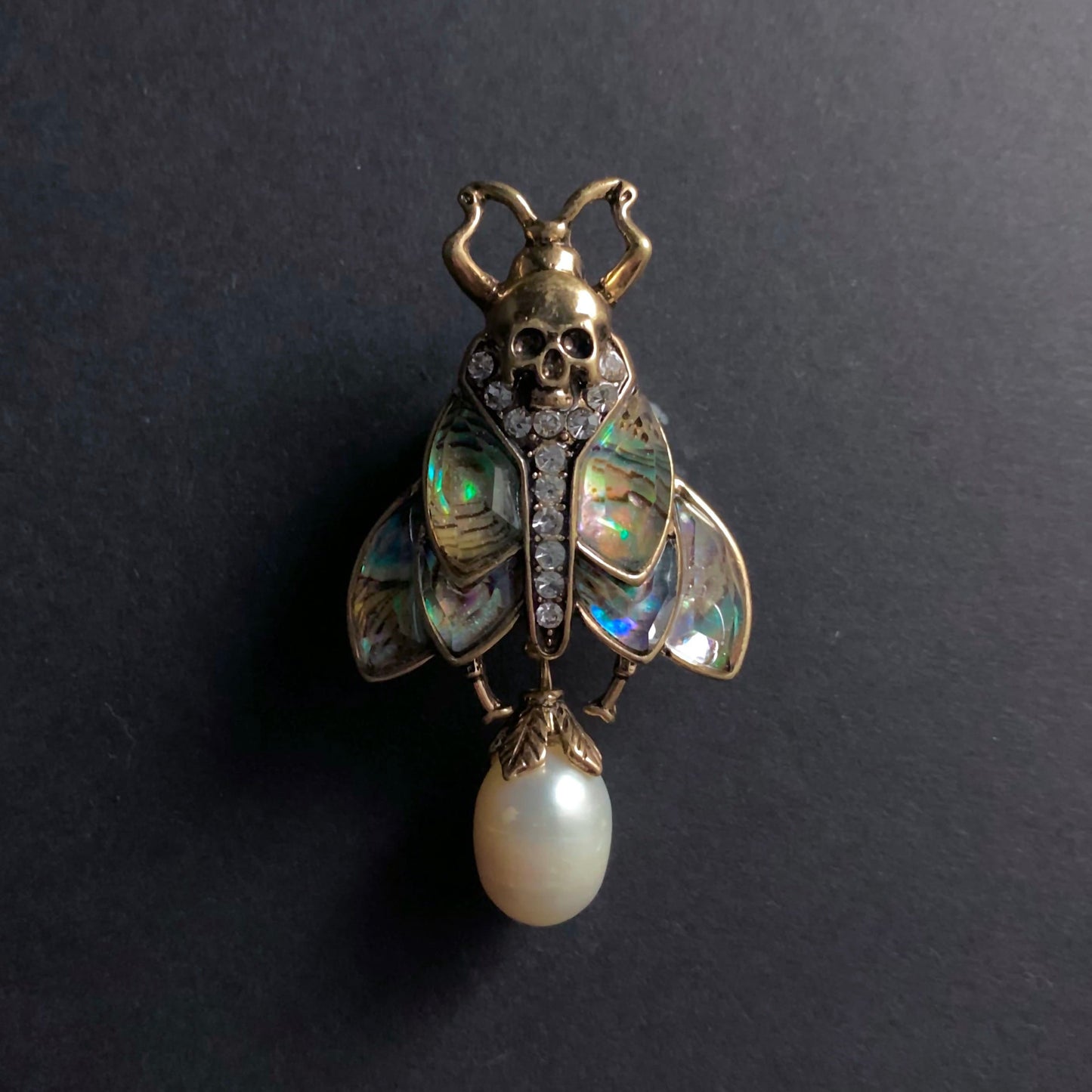 Moth, Skull & Baroque Freshwater Pearl Abalone Brooch Pin