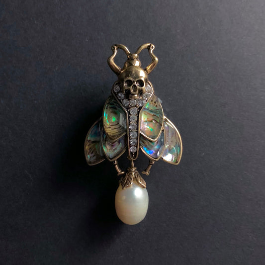 Moth, Skull & Baroque Freshwater Pearl Abalone Brooch Pin