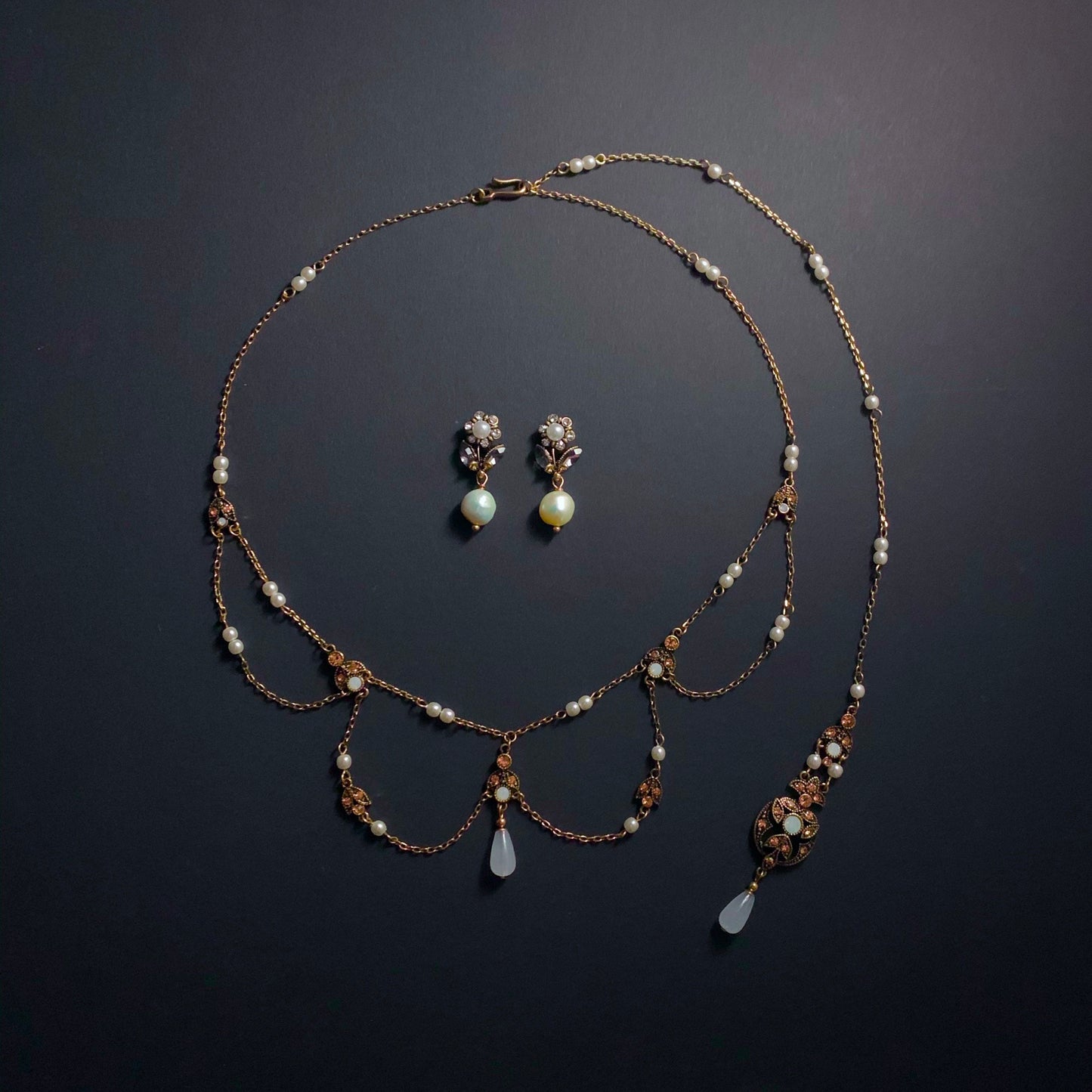 Art Nouveau Pearl & Antique Gold Back Drop Necklace and Flower Earrings Bridal Jewelry Set