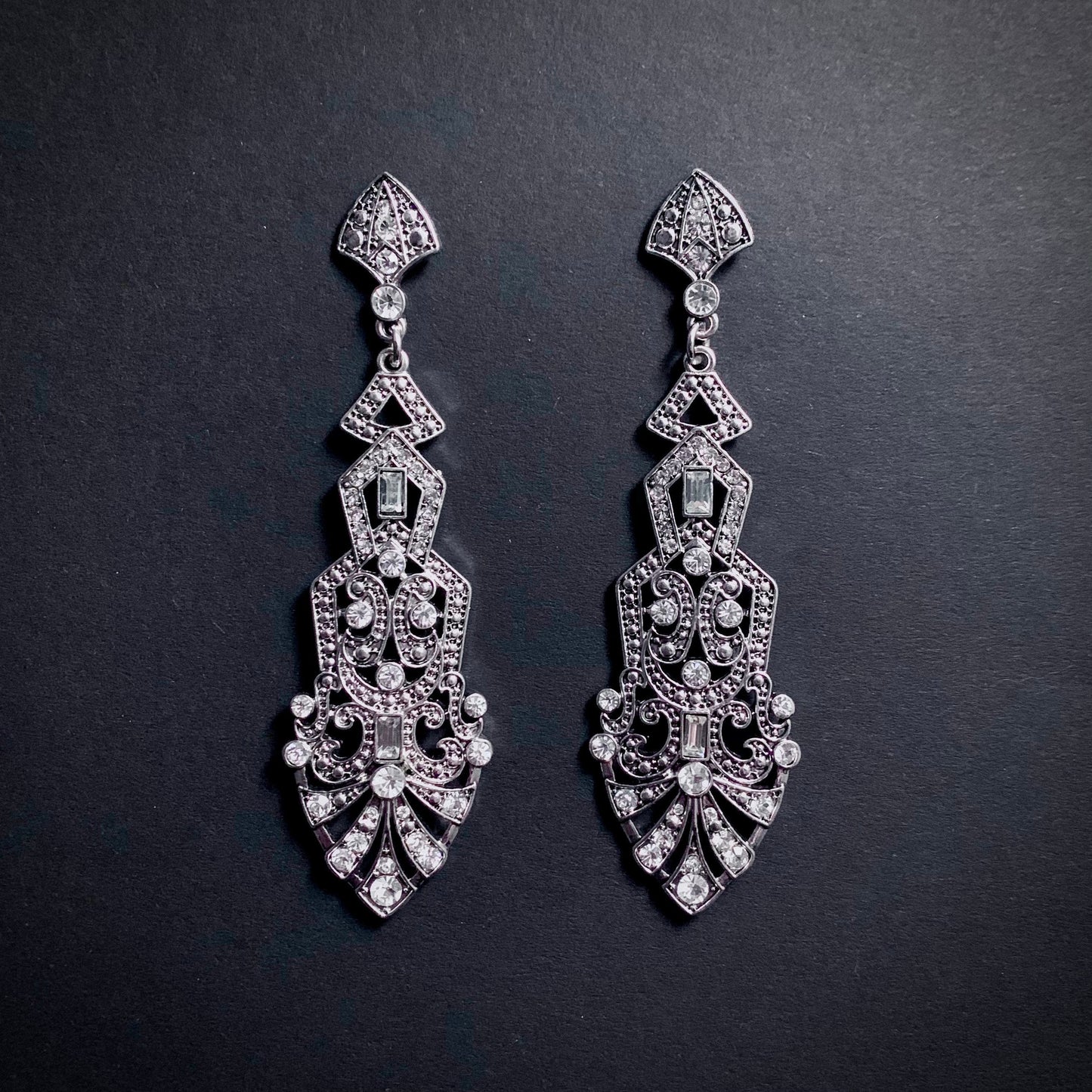 Art Deco Silver & Clear Large Chandelier Earrings