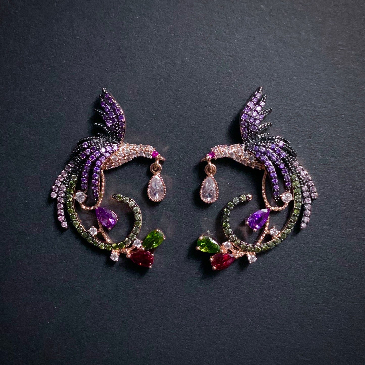 Phoenix Bird Rose Gold & Multi Color Earrings