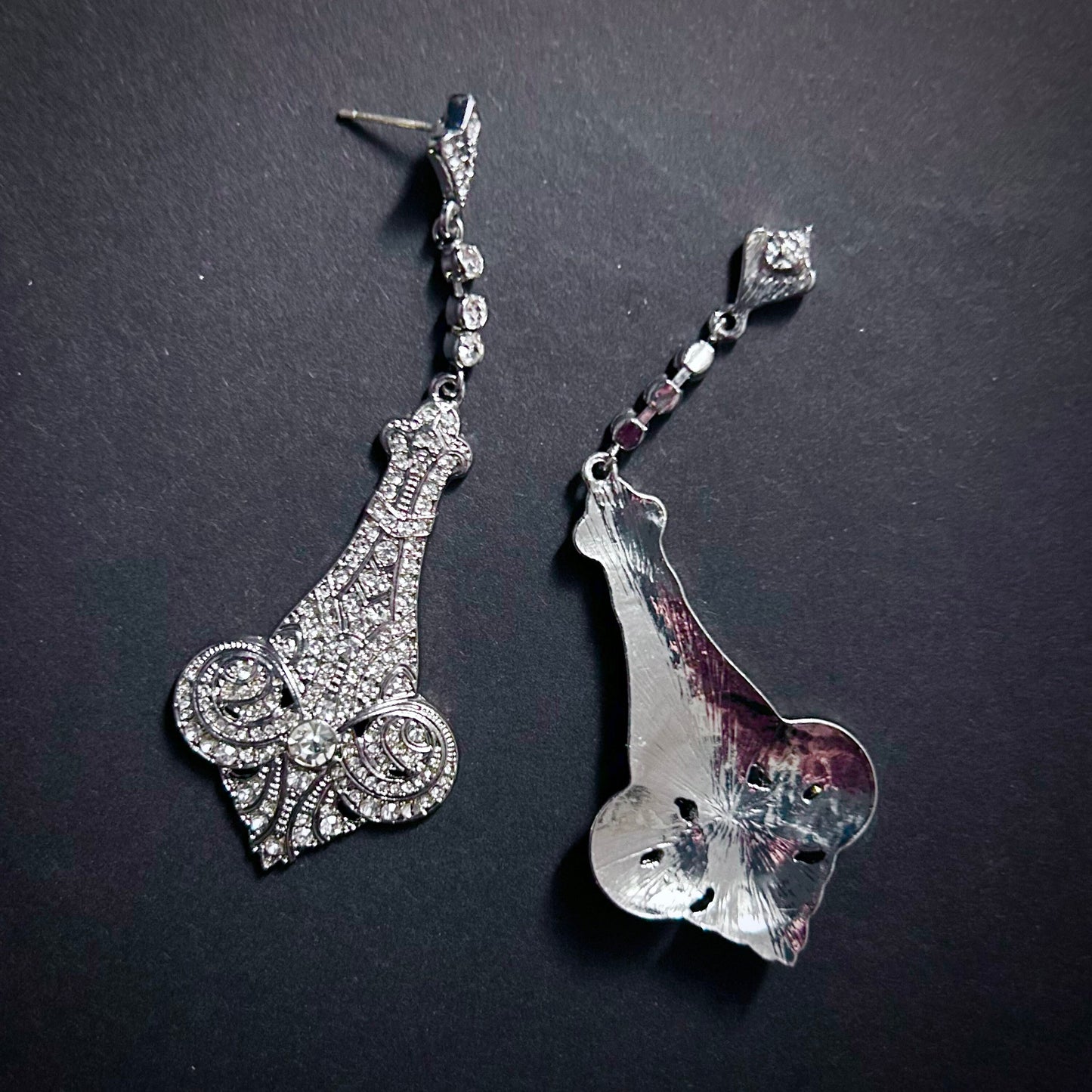 Art Nouveau Silver & Clear Rhinestone Chandelier Earrings