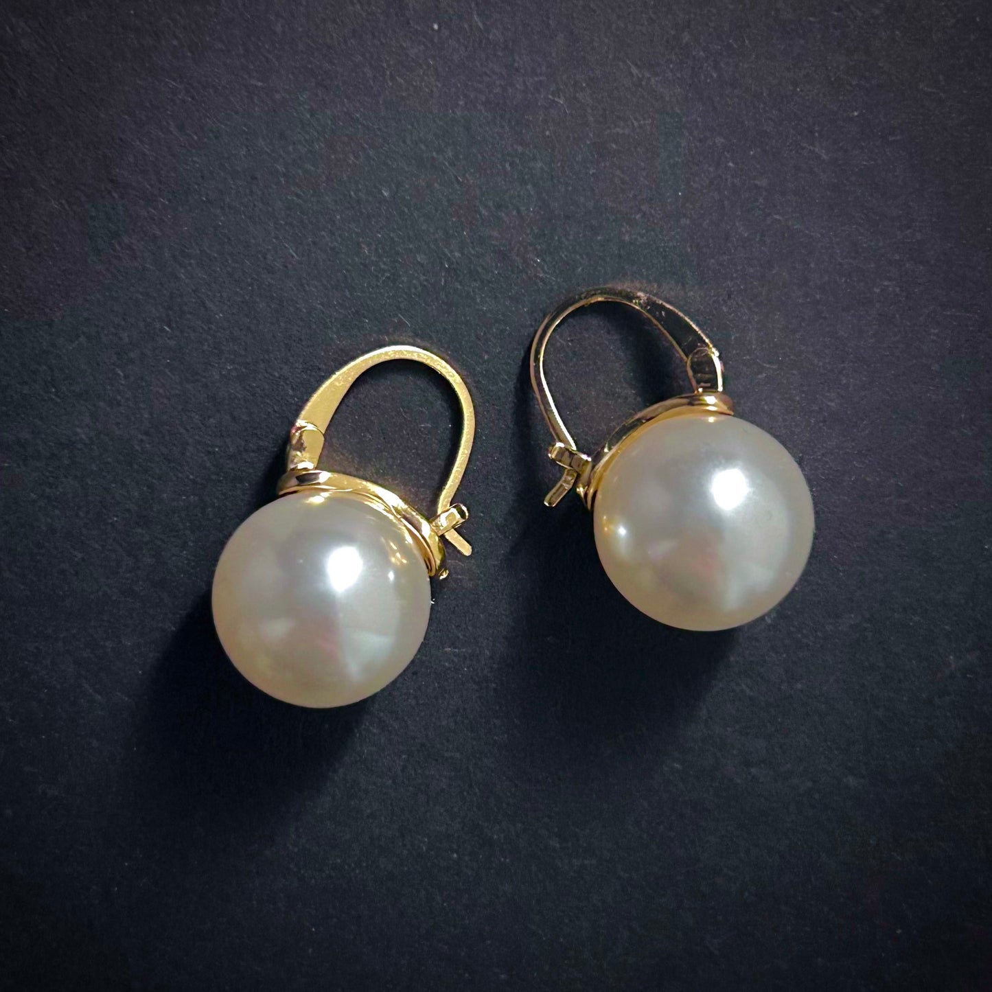 Gold & White Pearl Huggie Lever-Back Earrings